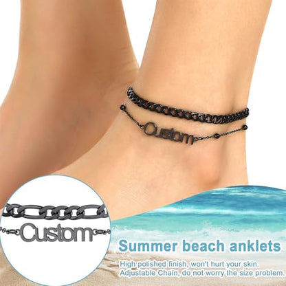 U7 Custom Layered Ankle Bracelets for Women Stainless Steel Bead/Cuban/Figaro/Rope/Wheat Chain Anklet Waterproof Anklet Jewelry for Beach Vacation - color: c-Black-Cuban Chain