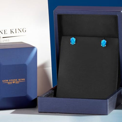 Gem Stone King Oval Gemstone Birthstone Stud Earrings for Women Men | Oval Cut 7X5MM | Fine Jewelry Gifts for Mom Dad Wife Him Her - style: Blue Simulated Opal-Cabochon, October