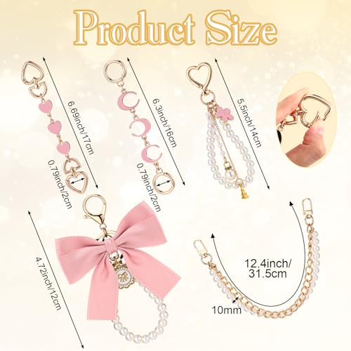 Sureio 5 Pcs Bag Extender Chain Pearl Purse Chain Ribbon Bow Keychain Extender Bag Strap Purse Charms Accessories for Handbag - color: Gold and Pink