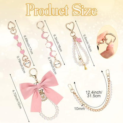 Sureio 5 Pcs Bag Extender Chain Pearl Purse Chain Ribbon Bow Keychain Extender Bag Strap Purse Charms Accessories for Handbag - color: Gold and Pink