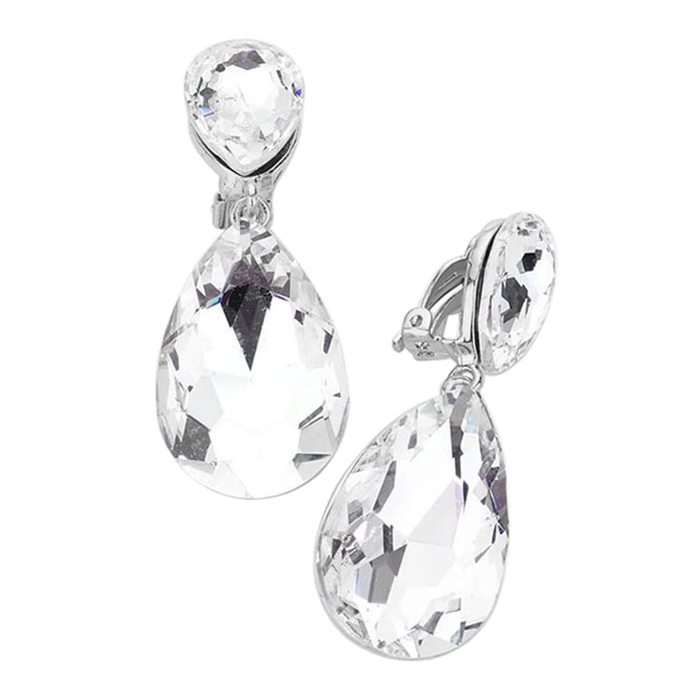 Rosemarie & Jubalee Women's Double Teardrop Statement Glass Crystal Rhinestone Dangle Clip On Bridal Earrings, 2" - color: Clear Crystal Silver Tone