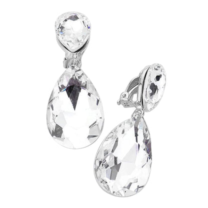Rosemarie & Jubalee Women's Double Teardrop Statement Glass Crystal Rhinestone Dangle Clip On Bridal Earrings, 2" - color: Clear Crystal Silver Tone