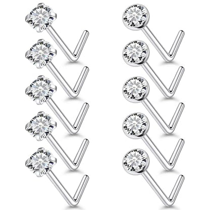 18G 20G 22G Stainless Surgical Steel Titanium Nose Rings Studs for Women L Shaped Nose Studs Screw Nose Rings Nostrial Piercing Jewelry for Women Men Silver Gold Black - style: 22G/1.5mm CZ/L-shaped/Silver