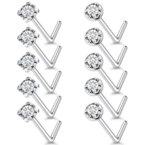 18G 20G 22G Stainless Surgical Steel Titanium Nose Rings Studs for Women L Shaped Nose Studs Screw Nose Rings Nostrial Piercing Jewelry for Women Men Silver Gold Black - style: 20G/3mm CZ/L-shaped/Silver