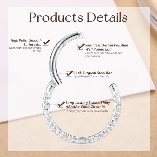 GAGABODY Septum Clicker Conch Piercing Jewelry 16 Gauge Earrings Hoop 20g Ring Nose Hoops Surgical Steel Lip Rings with 3 Sides CZ Helix Rook Cartilage Earrings - color: Style11:Silver+3 Sides CZ