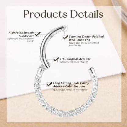 GAGABODY Septum Clicker Conch Piercing Jewelry 16 Gauge Earrings Hoop 20g Ring Nose Hoops Surgical Steel Lip Rings with 3 Sides CZ Helix Rook Cartilage Earrings - color: Style11:Silver+3 Sides CZ