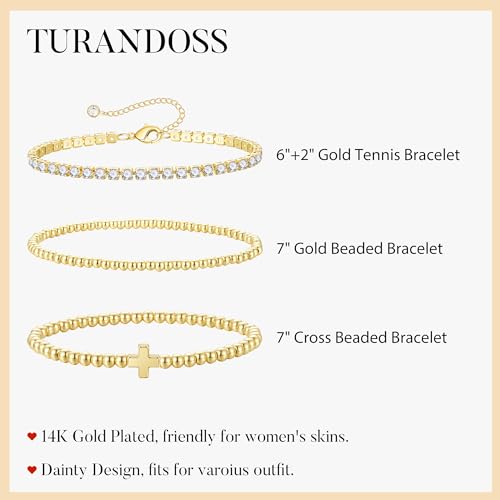 Turandoss Gold Bracelets for Women - Dainty 14K Gold Plated Tennis Bracelet | Stackable Cross Beaded Set, Twisted Rope Chain, Snake Paperclip Chain, Knot Cuff Bracelets for Women, Jewelry Gifts - color: Cross Beaded Set