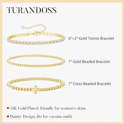 Turandoss Gold Bracelets for Women - Dainty 14K Gold Plated Tennis Bracelet | Stackable Cross Beaded Set, Twisted Rope Chain, Snake Paperclip Chain, Knot Cuff Bracelets for Women, Jewelry Gifts - color: Cross Beaded Set