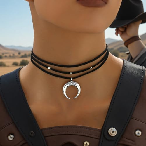 Vintage Crescent Moon Pendant Collar Black Velvet Ribbon Choker Necklace Bohemian Distressed Silver Clavicle Chain