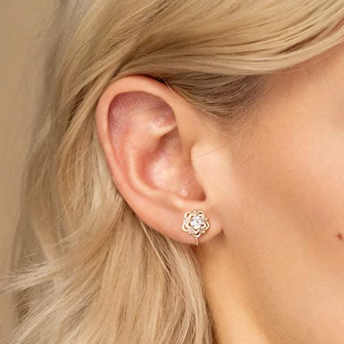 Clip on Earrings Women, 14K Gold Hoop Clip-On Earrings for Women, Hypoallergenic Non Pierced Croissant Earrings - color: Gold Flower