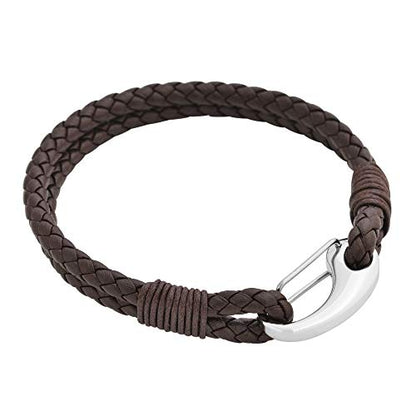Edforce Braided Genuine Leather 2-Strand Cuff Bracelet with Stainless Steel Clasp - color: Brown