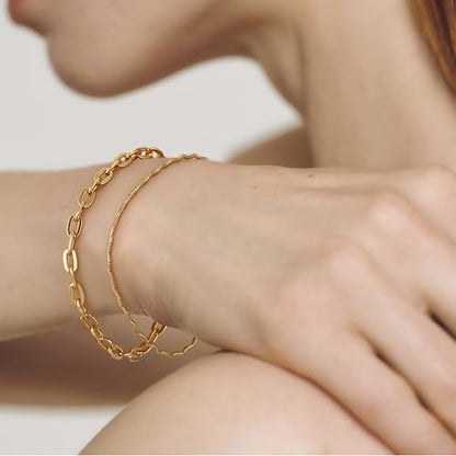 WEARON Gold Bracelet for Women 14K Gold Plated Snake Herringbone Figaro Cuban Bead Paperclip Cable Box Chain Simple Jewelry - style: Paperclip Chain