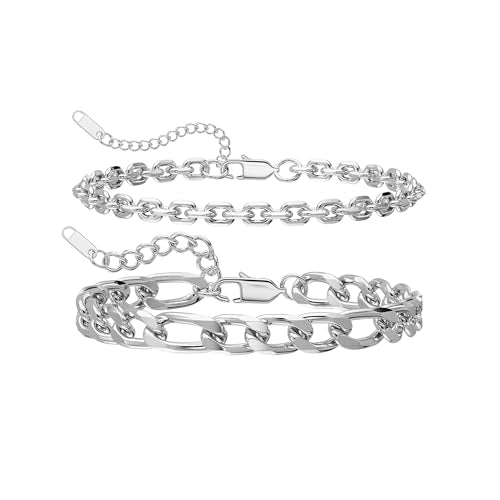 Silver Bracelet Set for Men, Figaro and Cable Link Chain | Stainless steel Figaro and cable link bracelets for stacking, daily wear, and gifts - color: Style1-7 inch