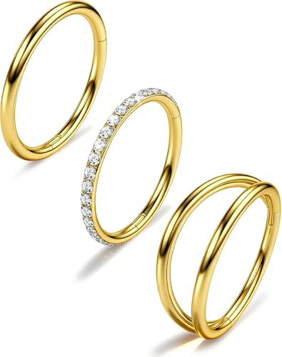 316L Stainless Steel Nose Ring Set – 3PCS Nose Hoops with Cubic Zirconia, 20G/18G, Silver/Black/Gold, 7mm/8mm Sizes, Seamless & Hinged Design for Sensitive Skin Jewelry - color: Gold, size: 18g 7mm