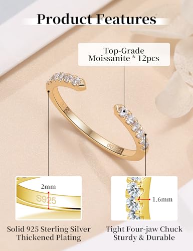 Moissanite Open Ring Adjustable Stackable Engagement Anniversary Jewelry | Half Eternity Wedding Band, White Gold Plated Dainty, 925 Sterling Silver Rings for Women - color: Gold