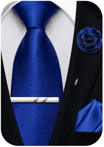 Solid Color Tie and Pocket Square with Tie Clip Lapel Pin Silk Formal Necktie Set Wedding Formal - color: Royal Blue