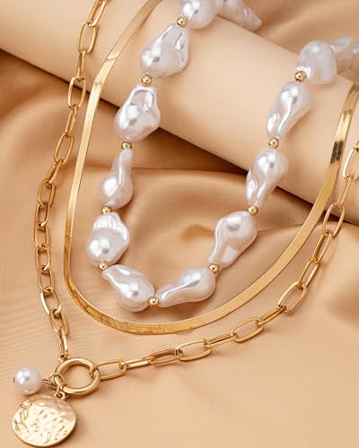 Gold Layered Necklaces for Women Chunky Layered Gold Necklaces Stacked Paperclip Chain Pearl Necklace Herringbone Toggle Clasp Choker Trendy Statement Jewelry Gifts - color: A7:chunky gold necklaces