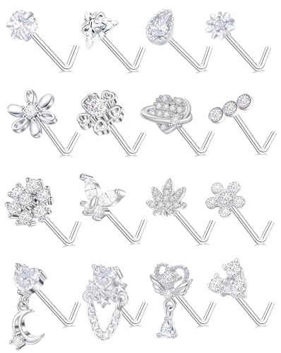 Tornito 16Pcs Nose Rings L Shaped Nose Stud Stainless Steel Butterfly Flower Leaf Heart Moon Dangle Nose Stud Ring Body Piercing Jewelry for Women Men 20G Pink Blue Clear CZ - color: B: Clear