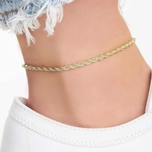 Gold Stainless Steel Anklet Chain for Women Adjustable Ankle Bracelet Fashionable Simple Design, Round mold chain - color: Gold+ Twist chain, size: 22+3cm