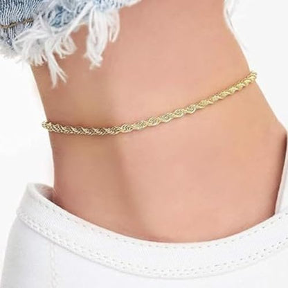 Gold Stainless Steel Anklet Chain for Women Adjustable Ankle Bracelet Fashionable Simple Design, Round mold chain - color: Gold+ Twist chain, size: 22+3cm