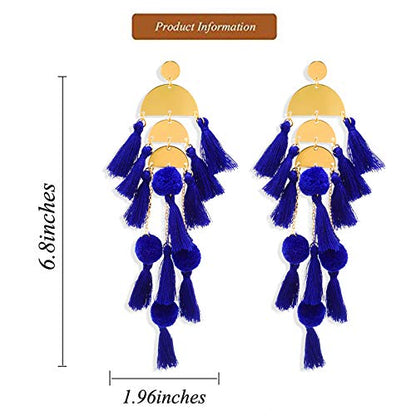 Long Tassel Earrings for Women Colorful Fringe Drop Dangle Earrings Bohemian Hawaiian Summer Beach Jewelry for Womens Vacation Outfits - color: Royal Blue