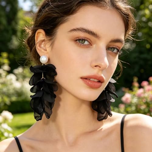 Handmade Bohemian Lightweight Fabric Flower Dangle Drop Earrings Chic Pearl Large Tassel Petal Stud Earrings For Women - color: Black