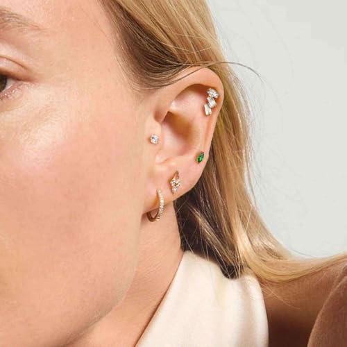 G23 Titanium 16G Tragus Conch Piercing Jewelry Flat Back Stud Earrings | Hypoallergenic CZ Nose Dangle Helix Medusa Lip Labret Body Piercing Jewelry, 14K Gold Plated, Silver, 6 and 8 mm Post Length - color: Trinity Sparkle-14K Gold