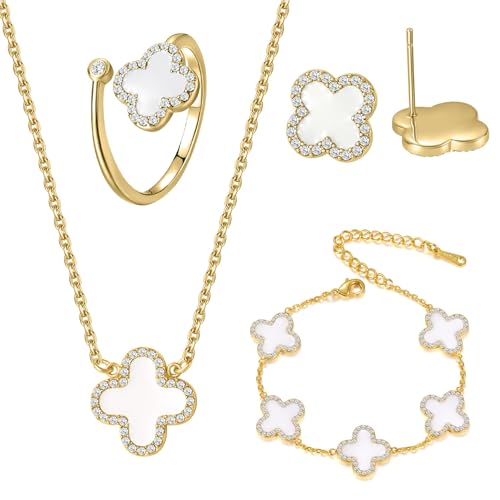 Qitian Clover Bracelet for Women 18K Gold Four Leaf Pink Lucky Link Clover Bracelets, Trendy Bracelets Set Jewelry Gifts for Women - color: J-White Set
