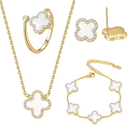 Qitian Clover Bracelet for Women 18K Gold Four Leaf Pink Lucky Link Clover Bracelets, Trendy Bracelets Set Jewelry Gifts for Women - color: J-White Set