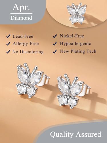 Suplight Butterfly Stud Earrings 925 Sterling Silver 14K Gold Brithstone Earrings for Women Brithstone Jewelry Gifts - color: 04.April ( Clear Quartz), size: Silver