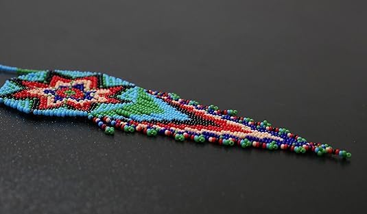 Weavish Medallion Beaded Necklace – Boho Native Handmade Seed Bead Tassel Necklace, Bohemian Large Statement Beaded Necklace for Women With Matching Elastic Bracelet