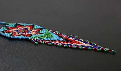 Weavish Medallion Beaded Necklace – Boho Native Handmade Seed Bead Tassel Necklace, Bohemian Large Statement Beaded Necklace for Women With Matching Elastic Bracelet