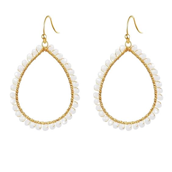 Boho Beads Teardrop Earrings Dangling Gold Hoop Earrings for Women - color: White