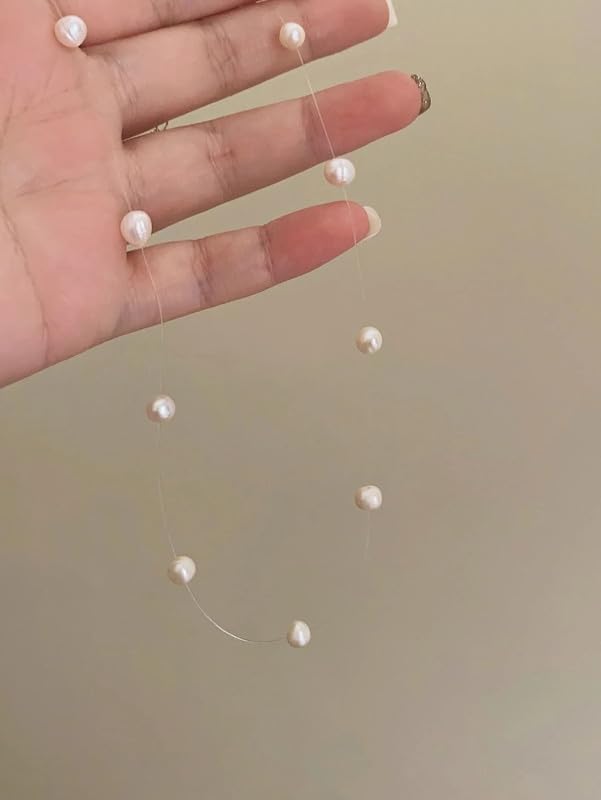 Faux Pearl Strand Choker Necklace Invisible Line Tiny Pearl Choker Chain String Necklace Clavicle Chain Vintage Baroque Style Bridal Beaded Necklace Jewelry Accessories Party Gift for Women Friends