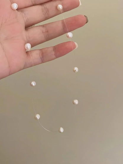 Faux Pearl Strand Choker Necklace Invisible Line Tiny Pearl Choker Chain String Necklace Clavicle Chain Vintage Baroque Style Bridal Beaded Necklace Jewelry Accessories Party Gift for Women Friends