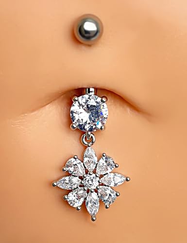 Belly Button Ring Dangle, Cross Belly Button Ring, Navel Piercing | 316L Surgical Steel, AAA+ Cubic Zirconia, Nickel-Free, Hypoallergenic, Multi-Style, 14 Gauge 10 mm Screw On Piercing Stud - style: Round Zircon with Dangling Flower