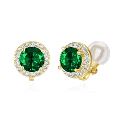 YOQUCOL 8MM Cubic Zirconia Crystal Clip On Stud Earrings Round Non Pierced Earrings for Women - color: Green