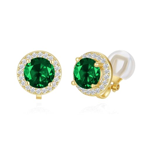 YOQUCOL 8MM Cubic Zirconia Crystal Clip On Stud Earrings Round Non Pierced Earrings for Women - color: Green