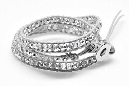 Crystals Wrap Bracelet Genuine Leather Handmade 5 Multilayer 4mm Beads Woven Bangle