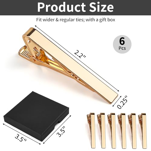 MOWPOG 6 Pcs Tie Clips for Men, Tie Bar Pins Tacks with Gift Box | Copper, Shiny & Glossy, for Father, Husband, Boyfriend, Business, Wedding, Suit Accessories, Easy to Open, Won't Fade/Scratch - color: Gold