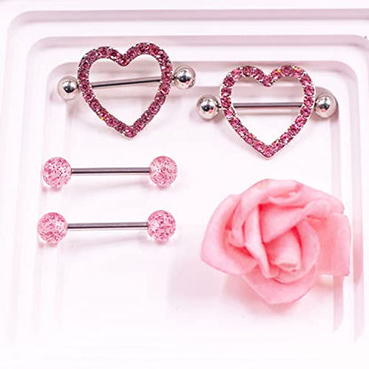 VERAMI 14G Stainless Steel Heart Nipple Rings and Barbell - Butterfly, Starlight Acrylic Ball, Tongue Rings for Women and Men - color: PINK-CZ