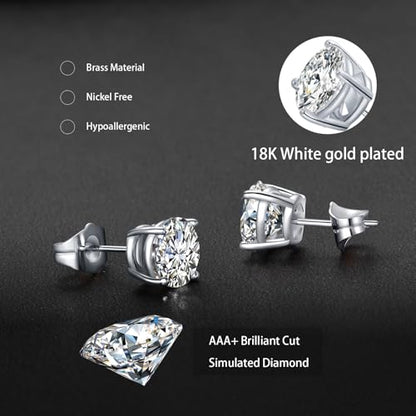 Gemsme 5 Pairs Princess Cut Cubic Zirconia Stud Earrings for Women/Men - 18K Gold Plated Hypoallergenic 3-7mm Square Clear CZ Earring Set - color: White Gold-Round 4 Prong