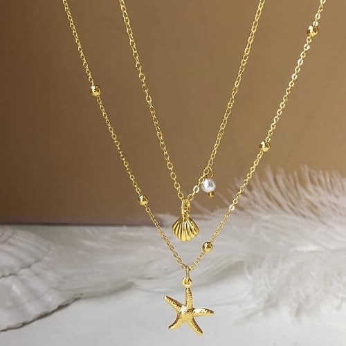 Zeffy Gold Pearl Necklace for Women, Dainty 14K Gold/Silve Plated Layered Pearl Choker Pearl Earrings Pearl Bracelets Wedding Trendy Gold Jewelry Set for Women Gifts - style: Gold Starfish Shell Necklace-2PCS