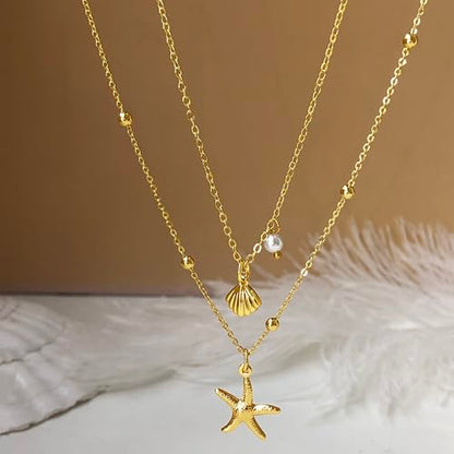 Zeffy Gold Pearl Necklace for Women, Dainty 14K Gold/Silve Plated Layered Pearl Choker Pearl Earrings Pearl Bracelets Wedding Trendy Gold Jewelry Set for Women Gifts - style: Gold Starfish Shell Necklace-2PCS