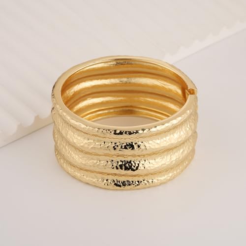 HZMAN Chunky Gold Cuff Bracelets for Women Thick Wide Bangle Bracelet Hammered Open Hinge Wrist Cuff Bracelet Jewelry Gift - color: 04.Crater Gold