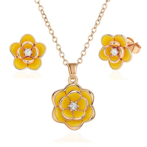 EVEVIC Dainty Flower Pendant Necklace Earrings for Women 14K Gold Plated Hypoallergenic Jewelry Sets - color: Yellow /Rose Gold-tone
