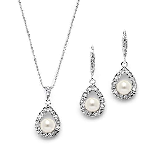 Mariell Pearl Necklace and Drop Earrings Wedding Jewelry Set for Brides, Bridesmaids, Birthday Gift - color: Silver