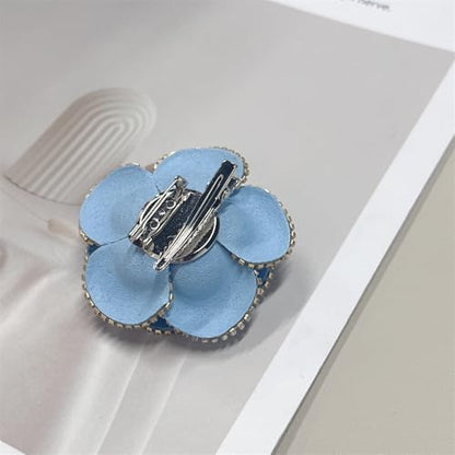 Dainty Crystal Camellia Flower Brooch Pin for Women Rhinestone Fabric 3D Floral Blossom Brooches Lapel Hair Pins Elegant Wedding Anniversary Dress Accessories Jewelry Gift 6.5cm/2.5in - color: Blue