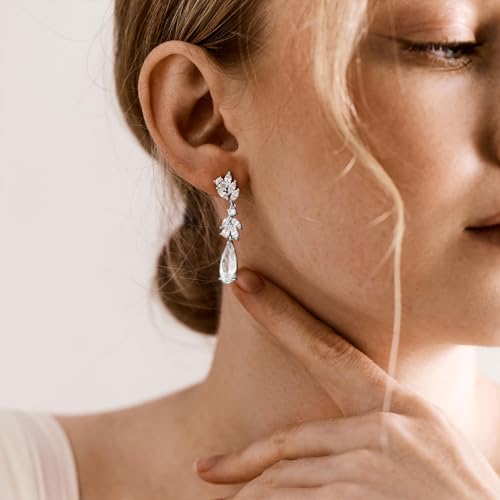 Dangle Drop Gold Earrings Women Prom with CZ Wedding Jewelry Gift | Dangling for Bridal, Sparkly Diamond , Gifts for Women, Dainty, Trendy, Butterfly Back - color: Silver-Leaf Drop