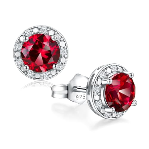 Dainty Birthstone Earrings for Women Sterling Silver Small Stud Earrings with Halo Cushion/Round Created Gemstone Earrings Birthstone Jewelry - style: B 07. July/created ruby-round cut